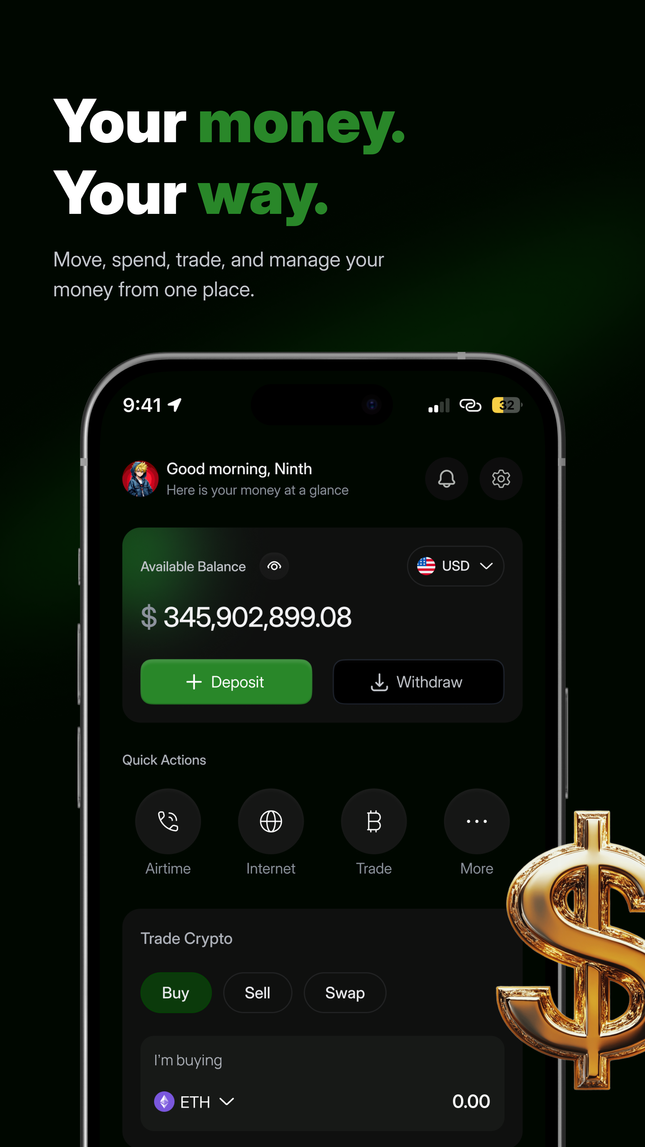 DomTrade app dashboard showing balances, transfers, trading, and quick actions